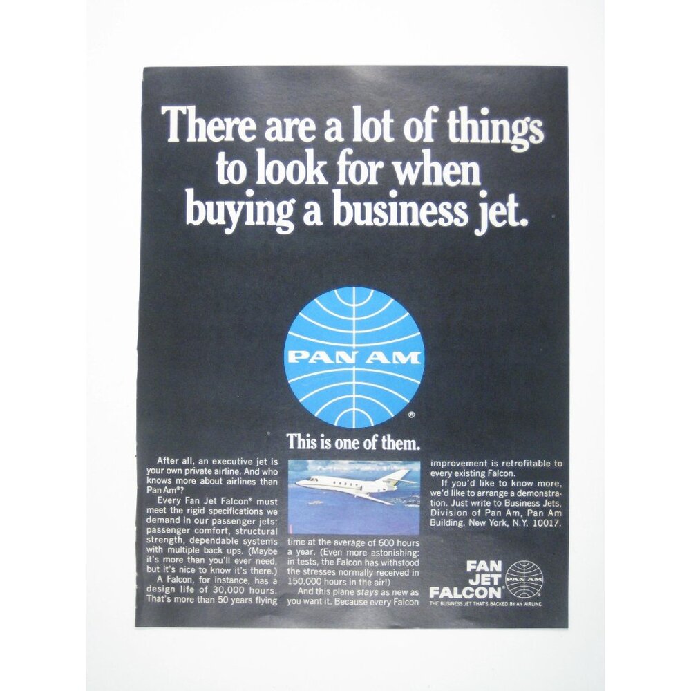 Pan Am Airlines Fan Jet Falcon Airplane Business 1960s Vintage Print Ad